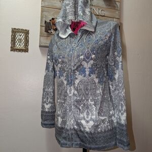 NWT Light Weight Blue and Gray Paisley Rhinestone Zip Up Hoodie